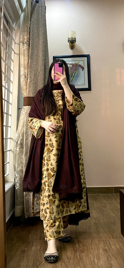 3 Piece - Plain Khaddar Stitched Dress - 052