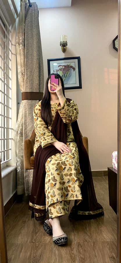 3 Piece - Plain Khaddar Stitched Dress - 052