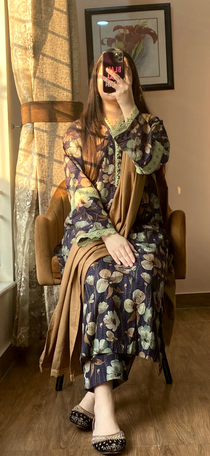 3 Piece - Slub Khaddar Stitched Dress - 053