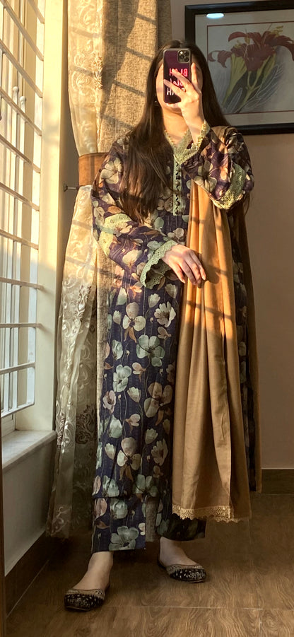 3 Piece - Slub Khaddar Stitched Dress - 053