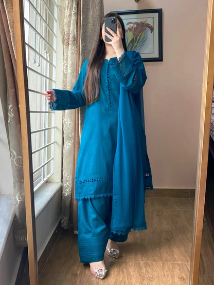 3 Piece Pure Lawn Stitch Suit with Farshi Shalwar 203