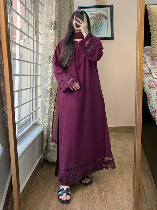 3-Piece Plain Khaddar Palatinate Purple Dress Stitched-211