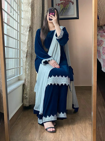 3-Piece Velvet Stitched Dress-213