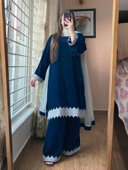 3-Piece Velvet Stitched Dress-213