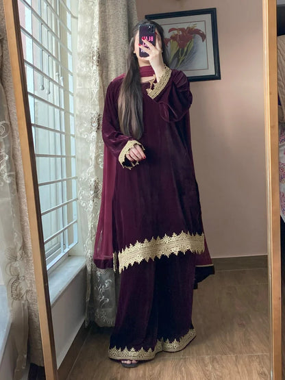 3-Piece Velvet Stitched Dress-214