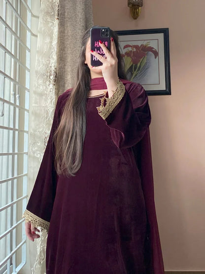 3-Piece Velvet Stitched Dress-214