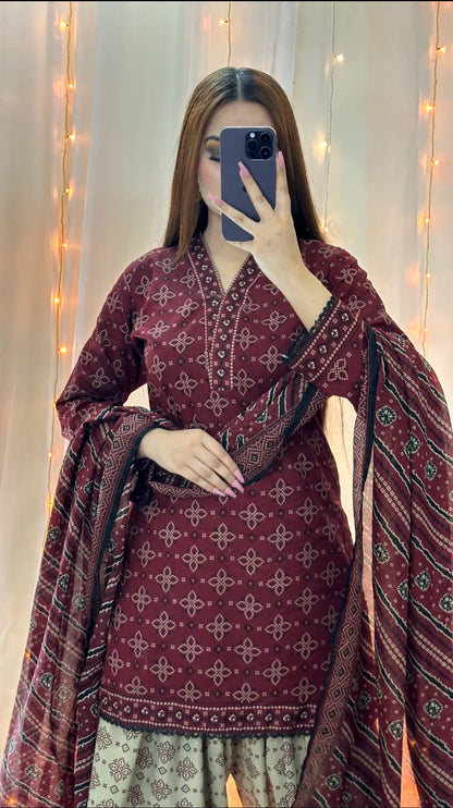 3 Piece Lawn Printed Stitched Dress - 020