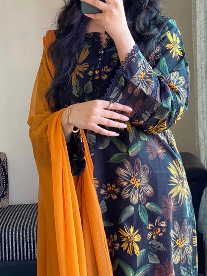 3 Piece -Bana Dora Lawn Stitched Dress - 084