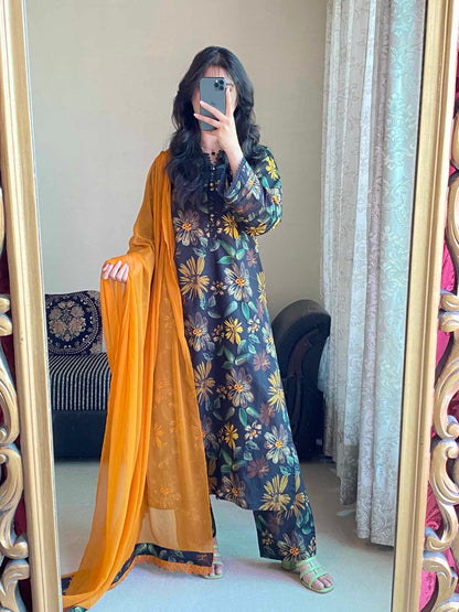 3 Piece -Bana Dora Lawn Stitched Dress - 084