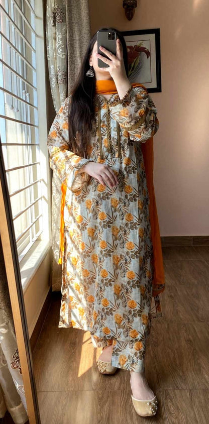 3 Piece - Lawn Printed Stitched Dress - 085